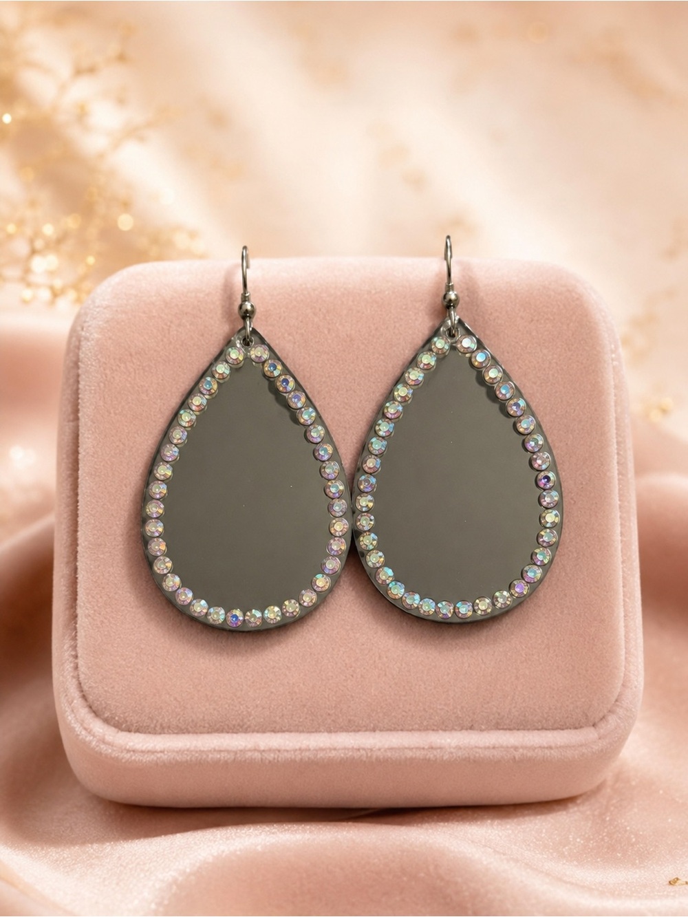 Teardrop Mirror Earrings with Aurora Crystal Halo - Women Jewelry